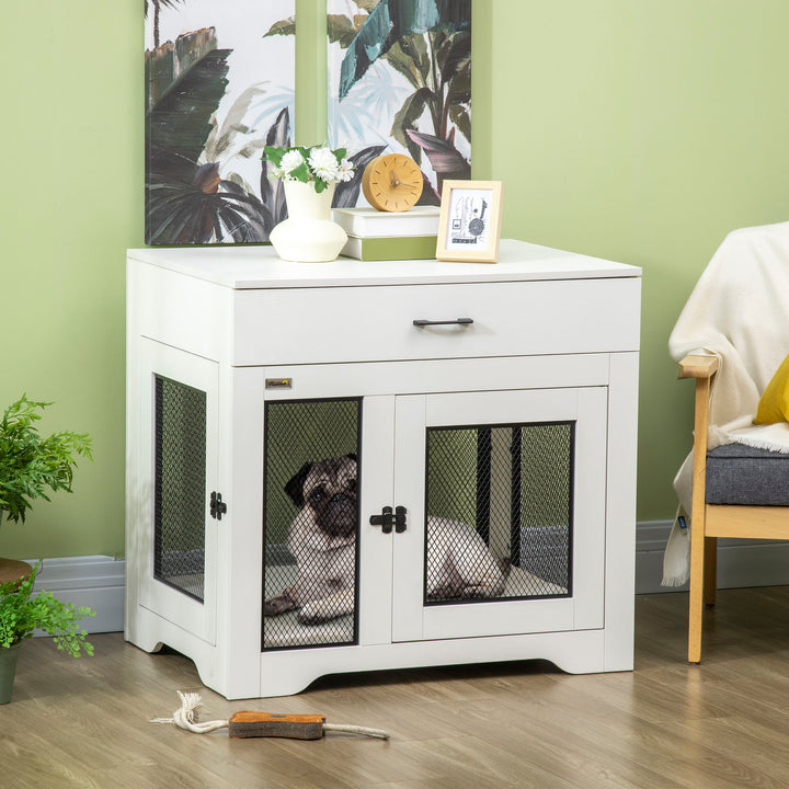 PawHut Dog Crate Furniture with Cushion, 2 Doors, Storage, Dog Kennel End Table for Small Medium Dogs, Grey