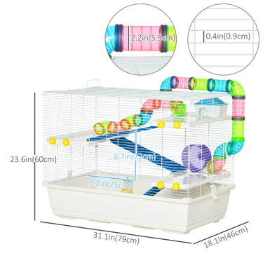PawHut 31" Large Hamster Cage, Small Animal House, Multi-storey Gerbil Haven, Tunnel Tube System, with Water Bottle, Exercise Wheel, Food Dish, Ramps, White