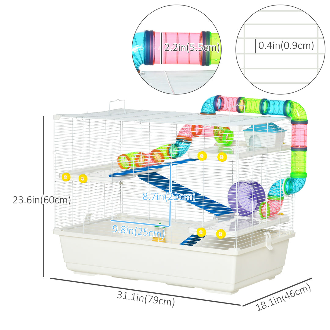PawHut 31" Large Hamster Cage, Small Animal House, Multi-storey Gerbil Haven, Tunnel Tube System, with Water Bottle, Exercise Wheel, Food Dish, Ramps, White