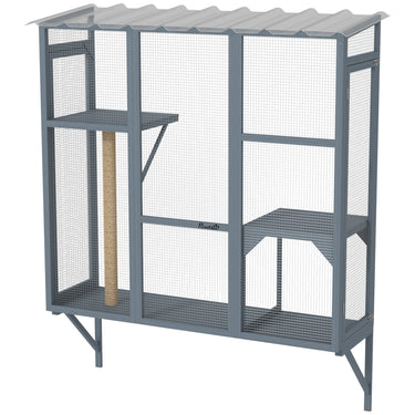 PawHut Wooden Catio Outdoor, Cat Window Box Enclosure for 2-3 Large Cats with 2 Jumping Platforms & Scratching Post, Grey