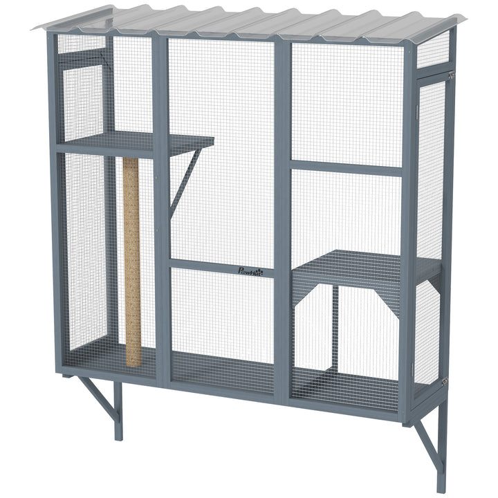 PawHut Wooden Catio Outdoor, Cat Window Box Enclosure for 2-3 Large Cats with 2 Jumping Platforms & Scratching Post, Grey