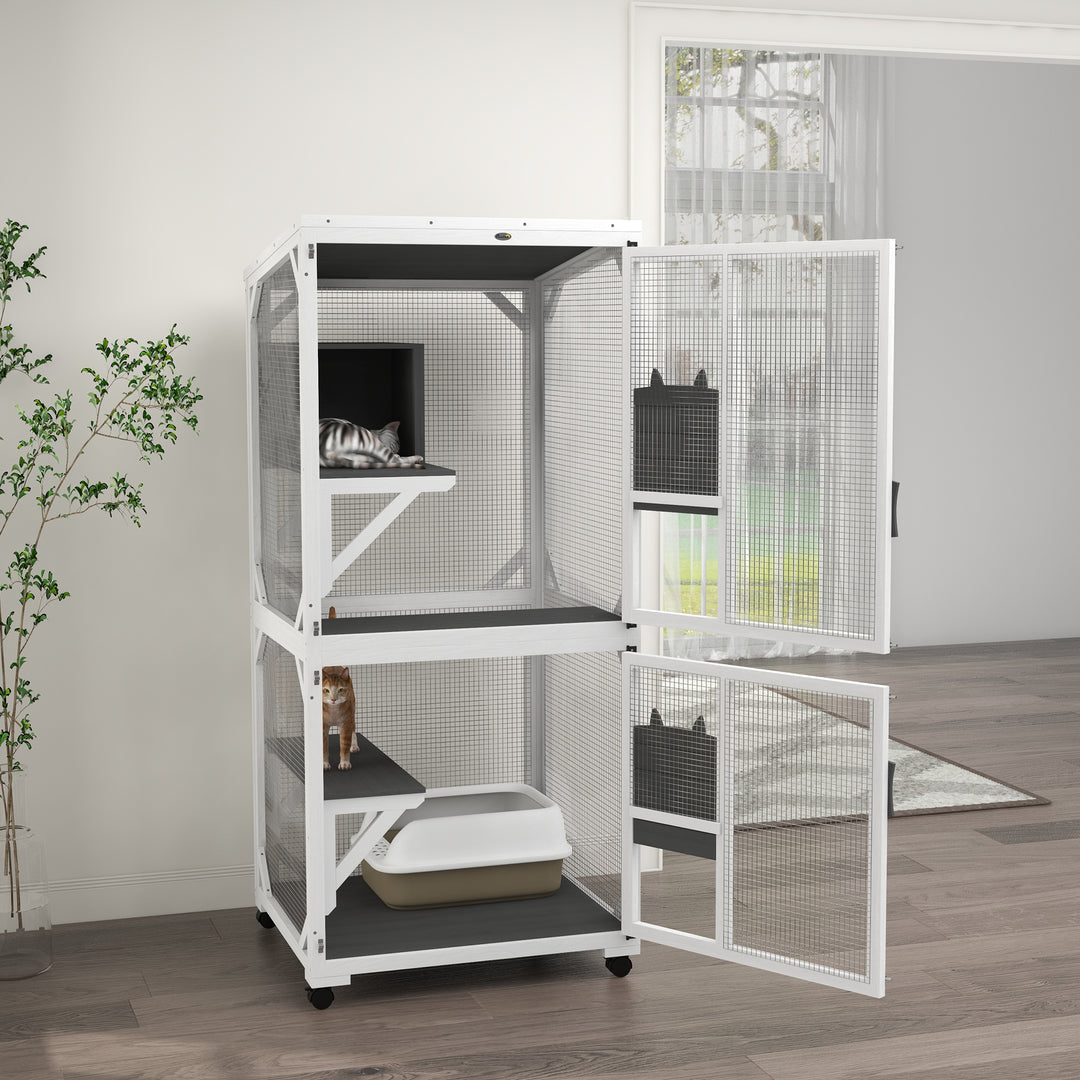 PawHut Catio Outdoor, Elevated Design, with Wheels, Resting Box, Water-Resistant, Multi Platforms, White & Grey