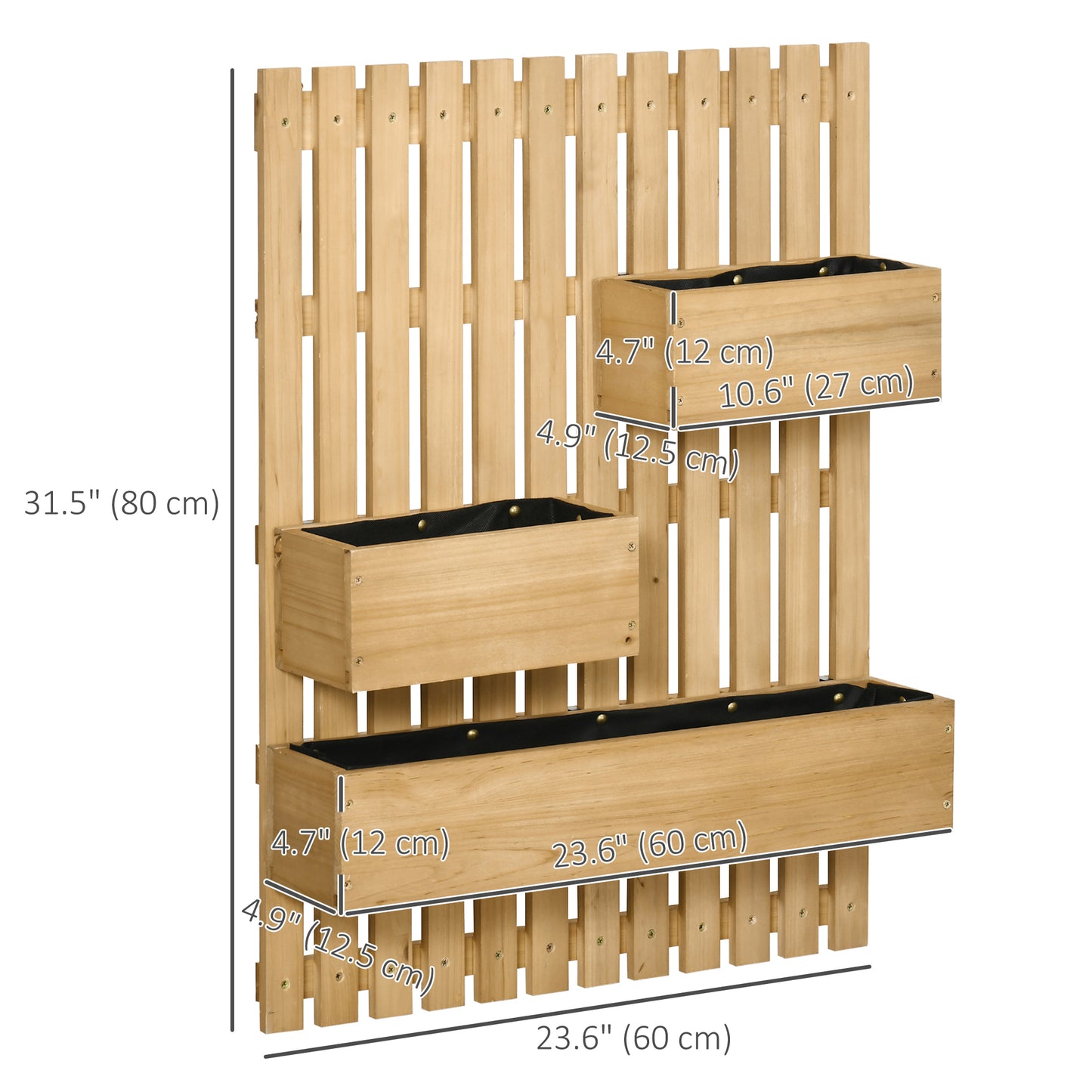 Outsunny 3 Box Raised Garden Bed with Trellis, Wall-Mounted Wood Planter Box Set with Drainage Hole for Flowers, Climbing Plants