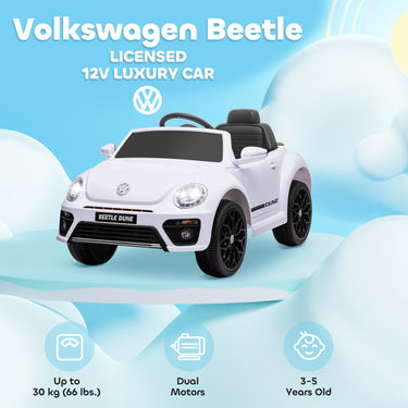 Qaba 12V Volkswagen Beetle Licensed Electric Car for Kids w/ Remote Control, 4 Spring Suspension Wheels, Soft Start, White