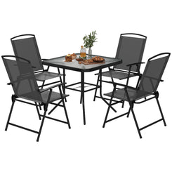 Outsunny 5 Pieces Outdoor Patio Dining Set with Glass Top Table and 4 Mesh Folding Chairs, Small Outdoor Patio Furniture, Grey