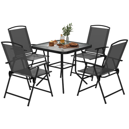 Outsunny 5 Pieces Outdoor Patio Dining Set with Glass Top Table and 4 Mesh Folding Chairs, Small Outdoor Patio Furniture, Grey
