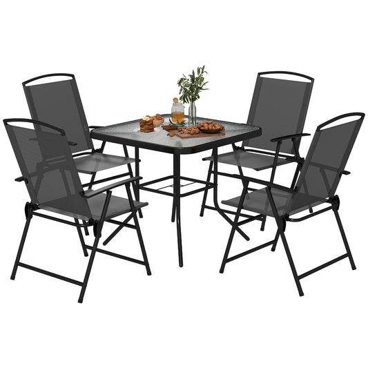 Outsunny 5 Pieces Outdoor Patio Dining Set with Glass Top Table and 4 Mesh Folding Chairs, Small Outdoor Patio Furniture, Grey