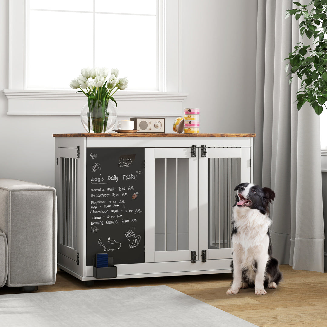 PawHut 39" Dog Crate Furniture Side End Table for Large Dogs w/ Blackboard, Three Doors, White