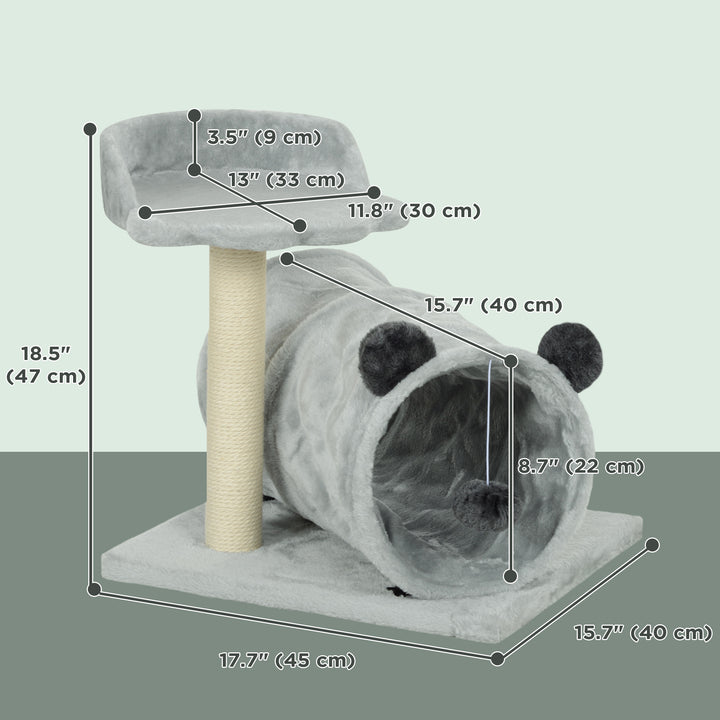 PawHut 18.5" Small Cat Tree, Compact Cat Tower with Tunnel, Scratching Post, Plush Bed, Dangling Ball, for Indoor Use, Grey