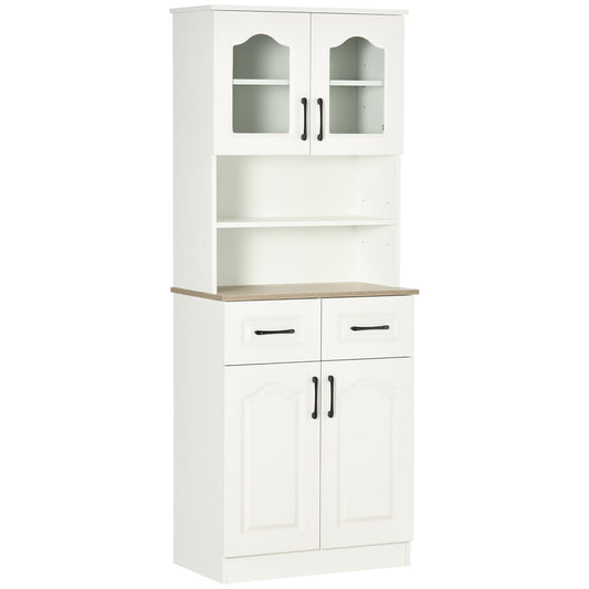 HOMCOM 66" Kitchen Pantry Cabinet, Freestanding Storage Cabinet with 2 Adjustable Shelves, 2 Drawers, Open Counter and Glass Doors, White