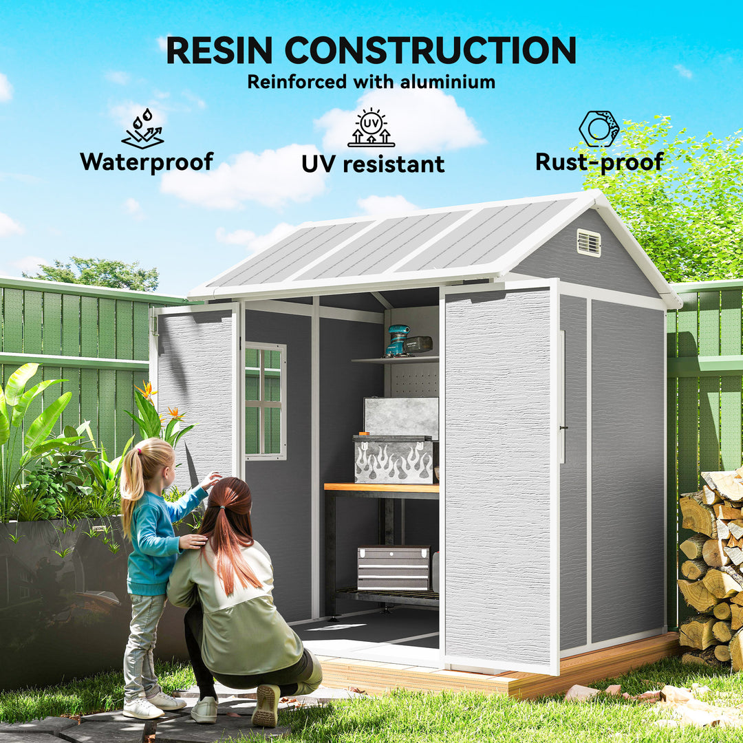 Outsunny 6' x 6' Resin Outdoor Storage Shed with Floor, Window, Lockable Doors and Vents for Backyard Patio Lawn, Grey
