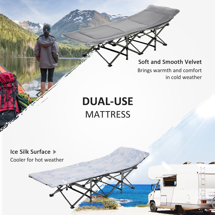 Outsunny Folding Camping Cot with Mattress & Pillow, Double Layer Oxford Heavy Duty Sleeping Cot with Carry Bag Light Grey