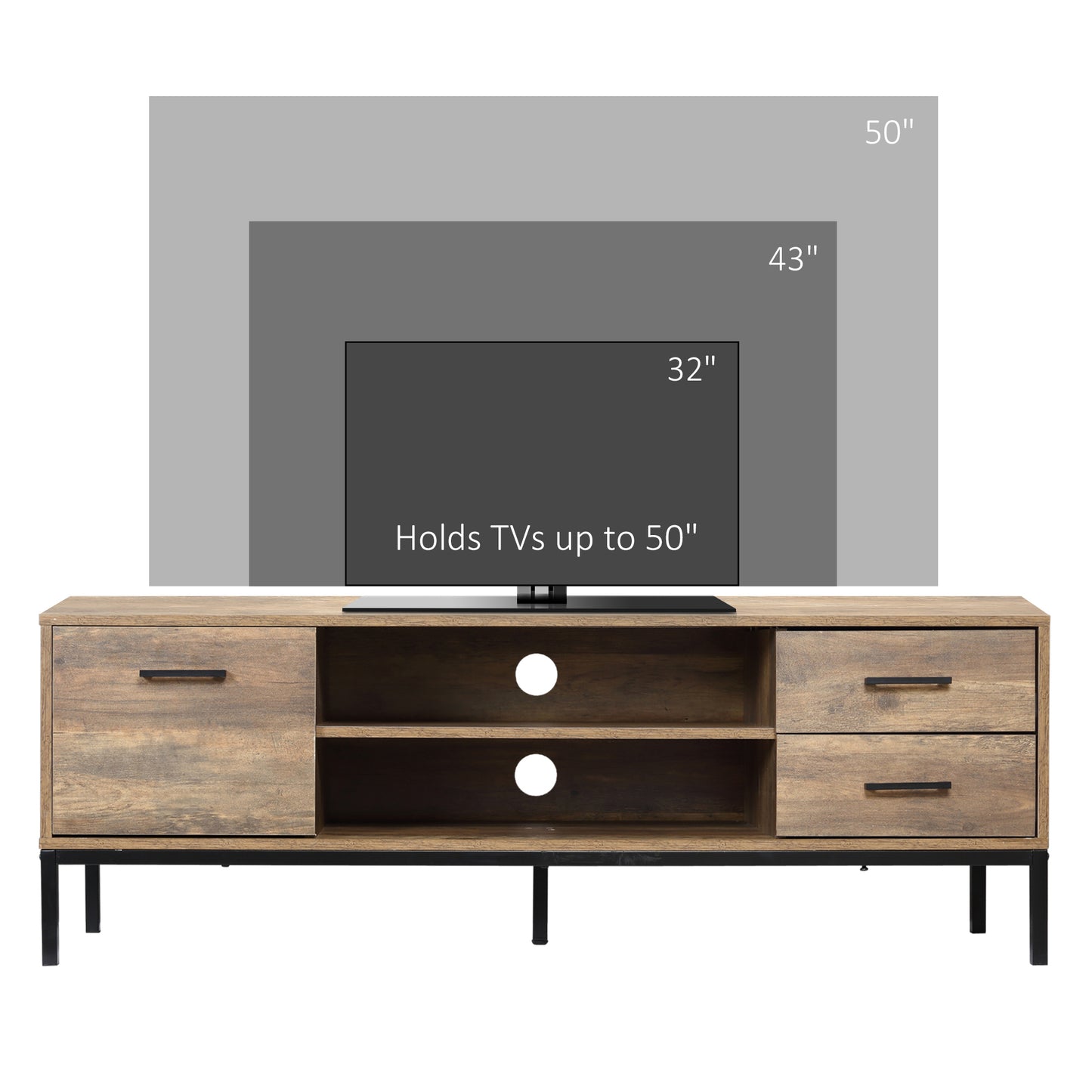 HOMCOM TV Stand for TV up to 50 Inches, TV Cabinet with Door, Open Storage and Drawers, TV Table with Steel Legs, Dark Walunt