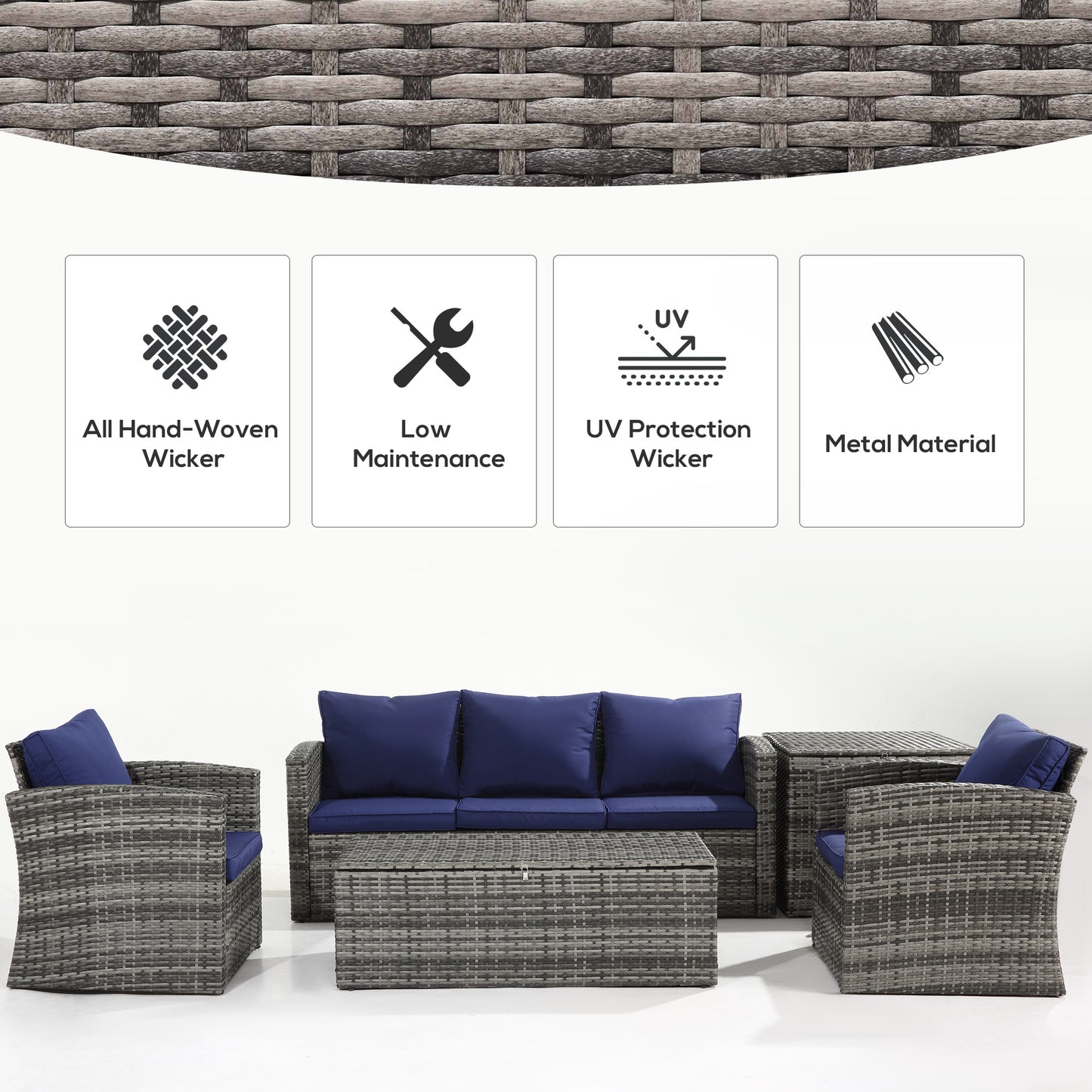 Outsunny 6 Pieces Wicker Patio Furniture Set with Cushions, 7-Seater Rattan Patio Sofa Set with Storage Table, Navy Blue