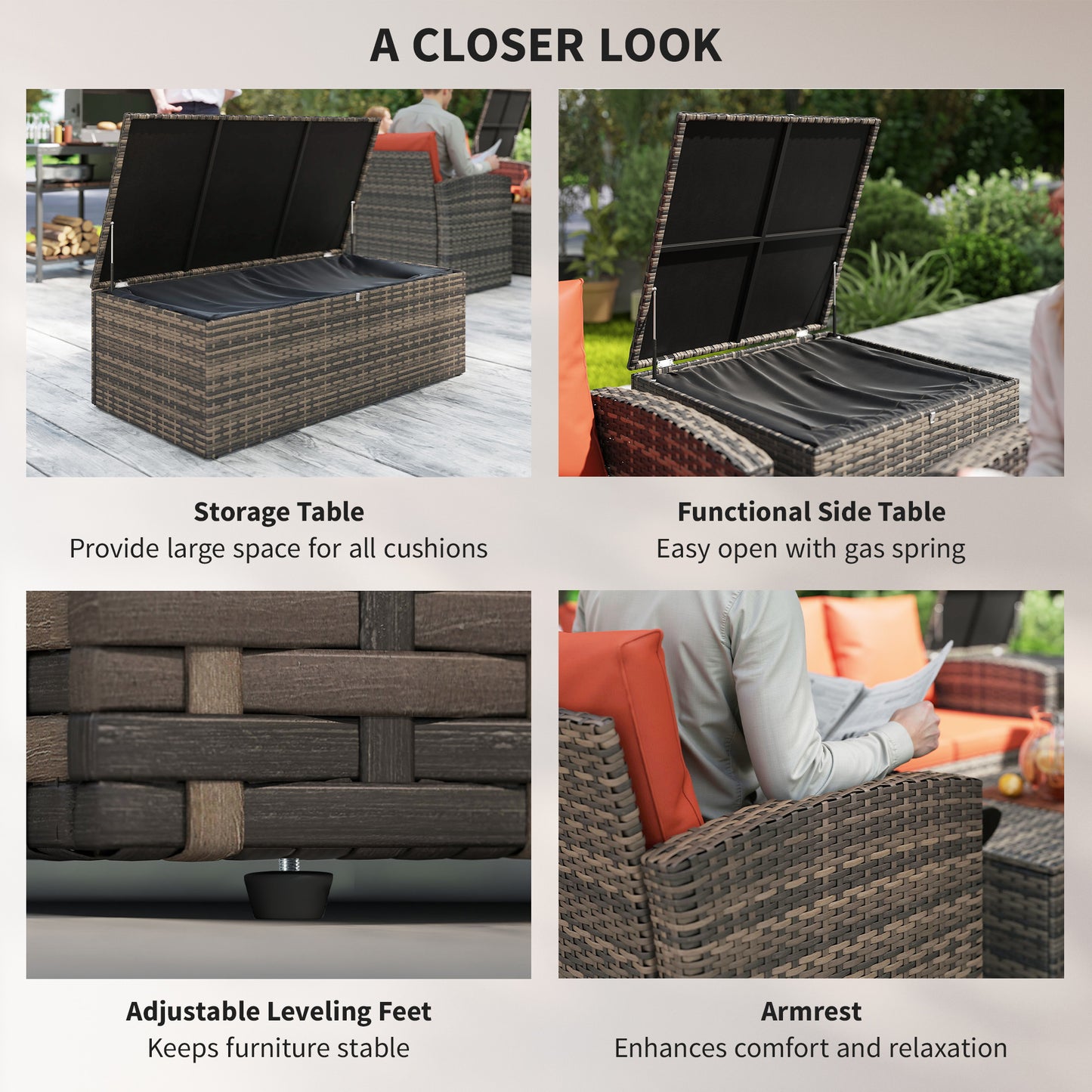 Outsunny 6 Pieces Wicker Patio Furniture Set with Cushions, 7-Seater Rattan Patio Sofa Set with Storage Table, Navy Blue