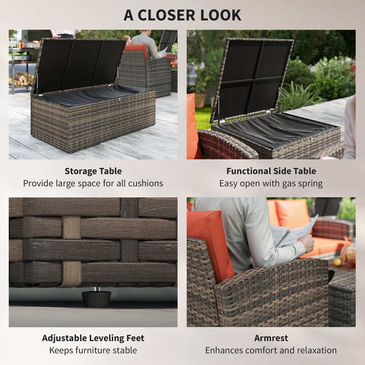 Outsunny 6 Pieces Wicker Patio Furniture Set with Cushions, 7-Seater Rattan Patio Sofa Set with Storage Table, Orange