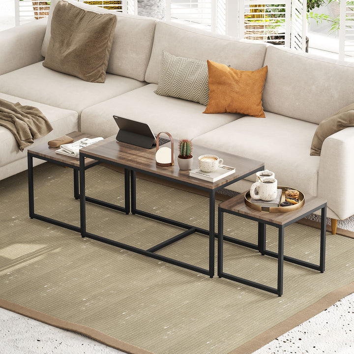 HOMCOM Nesting Coffee Table Set of 3, Modern End Tables with Black Metal Frame for Living Room Home Furniture, Natural
