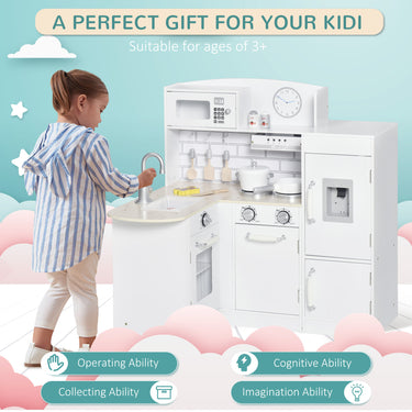Qaba Kids Kitchen Play Cooking Toy Set for Children with Drinking Fountain, Microwave, Accessories, White
