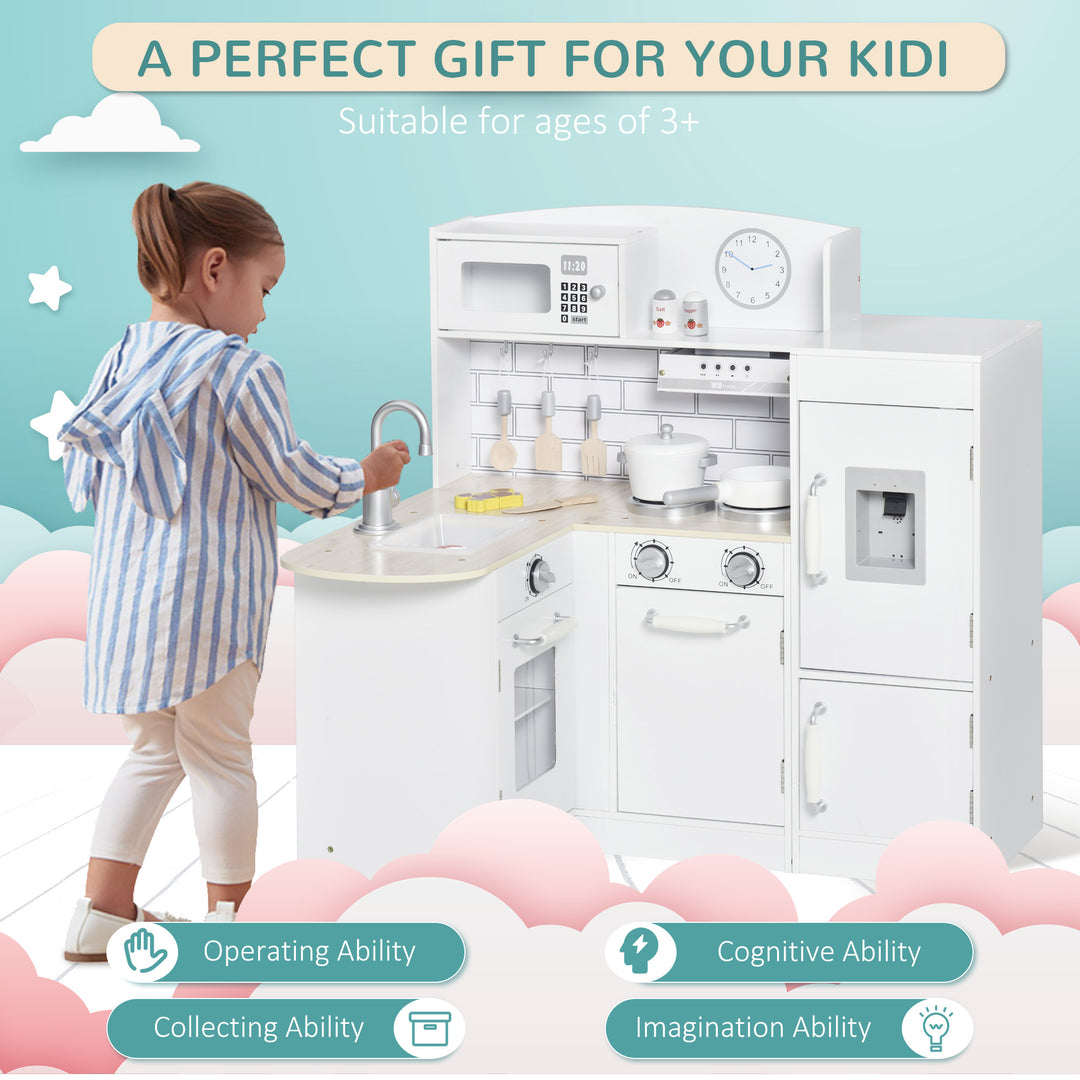 Qaba Kids Kitchen Play Cooking Toy Set for Children with Drinking Fountain, Microwave, Accessories, White