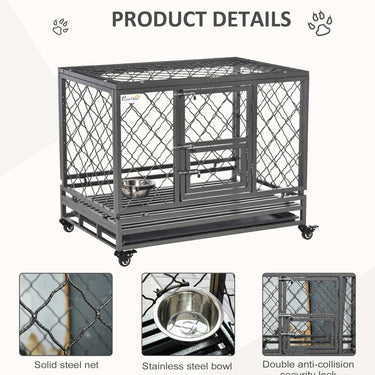 PawHut Heavy Duty Dog Crate w/ Wheels, Openable Top, Removable Tray, Bowl, for Large Dogs-Sized Dogs, 36.4" x 24.4" x 31.1"