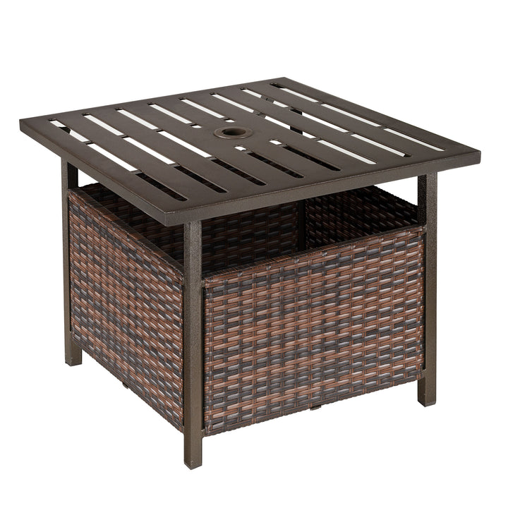 Outsunny 21.75" Outdoor Rattan Wicker Patio Coffee Table with Umbrella Hole, Patio Side Table with Slatted Metal Top, Brown