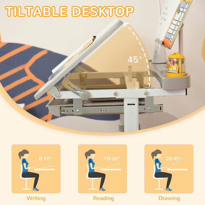 Qaba Kids Desk and Chair Set Height Adjustable Student Writing Desk Children School Study Table with Tilt Desktop, Grey