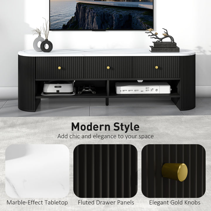 HOMCOM TV Stand, Modern TV Table with Marble-Effect Top, 3 Drawers and 2 Open Shelves for 32-65 Inch Television, Natural