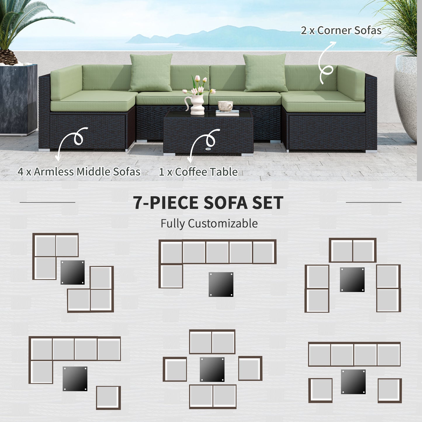 Outsunny 7pc Garden Wicker Sectional Set w/ Tea Table Patio Rattan Lounge Sofa Outdoor Deck Furniture Blue