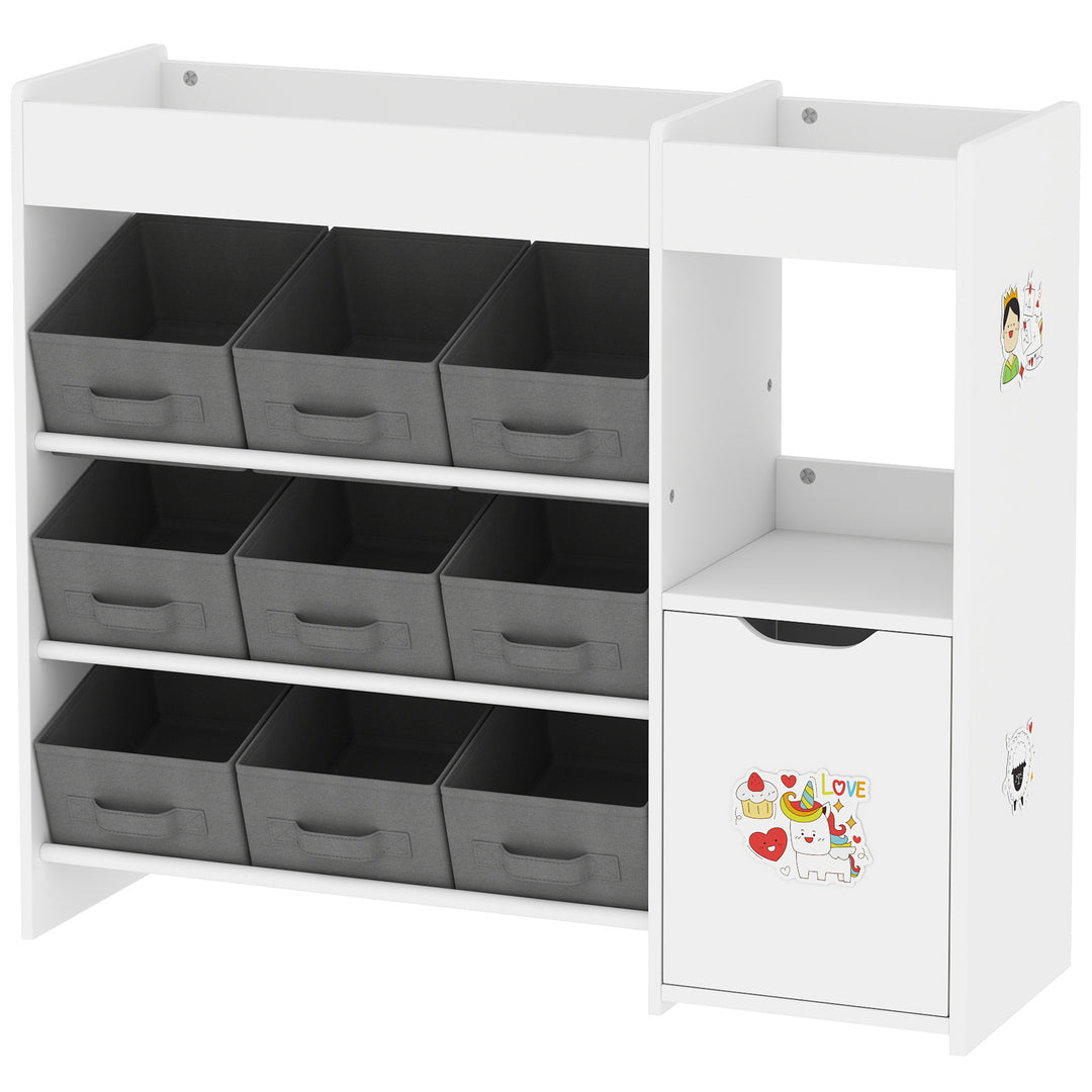 Qaba Toy Storage Organizer with 9 Non-Woven Fabric Boxes, Storage Cabinet & Shelves, for Kids Room, Nursery, Playroom, White