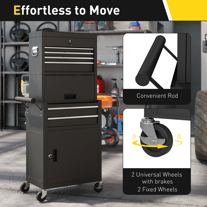 HOMCOM Large Tool Cabinet, 3-in-1 Rolling Tool Chest, Detachable Tool Storage Organizer with 6 Drawers and Pegboard, Red