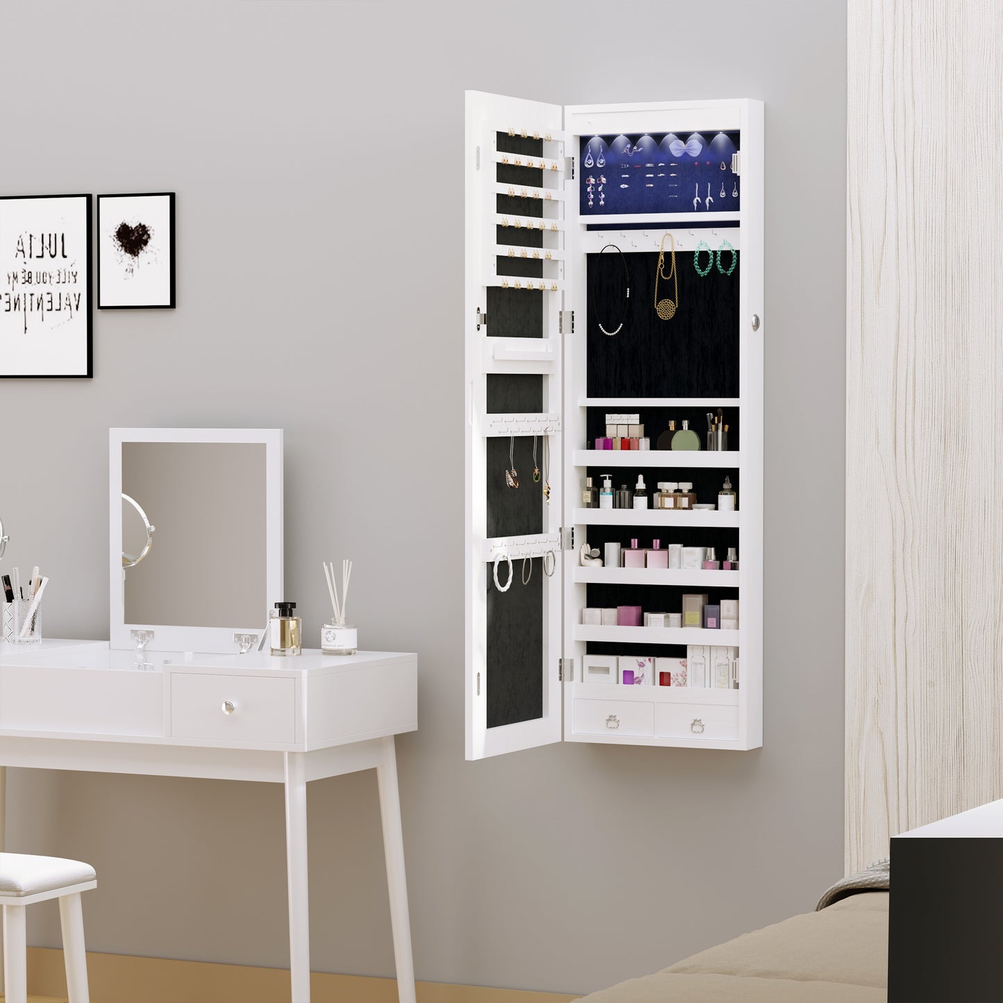 HOMCOM Mirror Jewelry Cabinet Armoire with LED Lights and 2 Keys, Wall Door Mounted Jewelry Organizer, Lockable Full-length Mirror, Wood Grain Grey