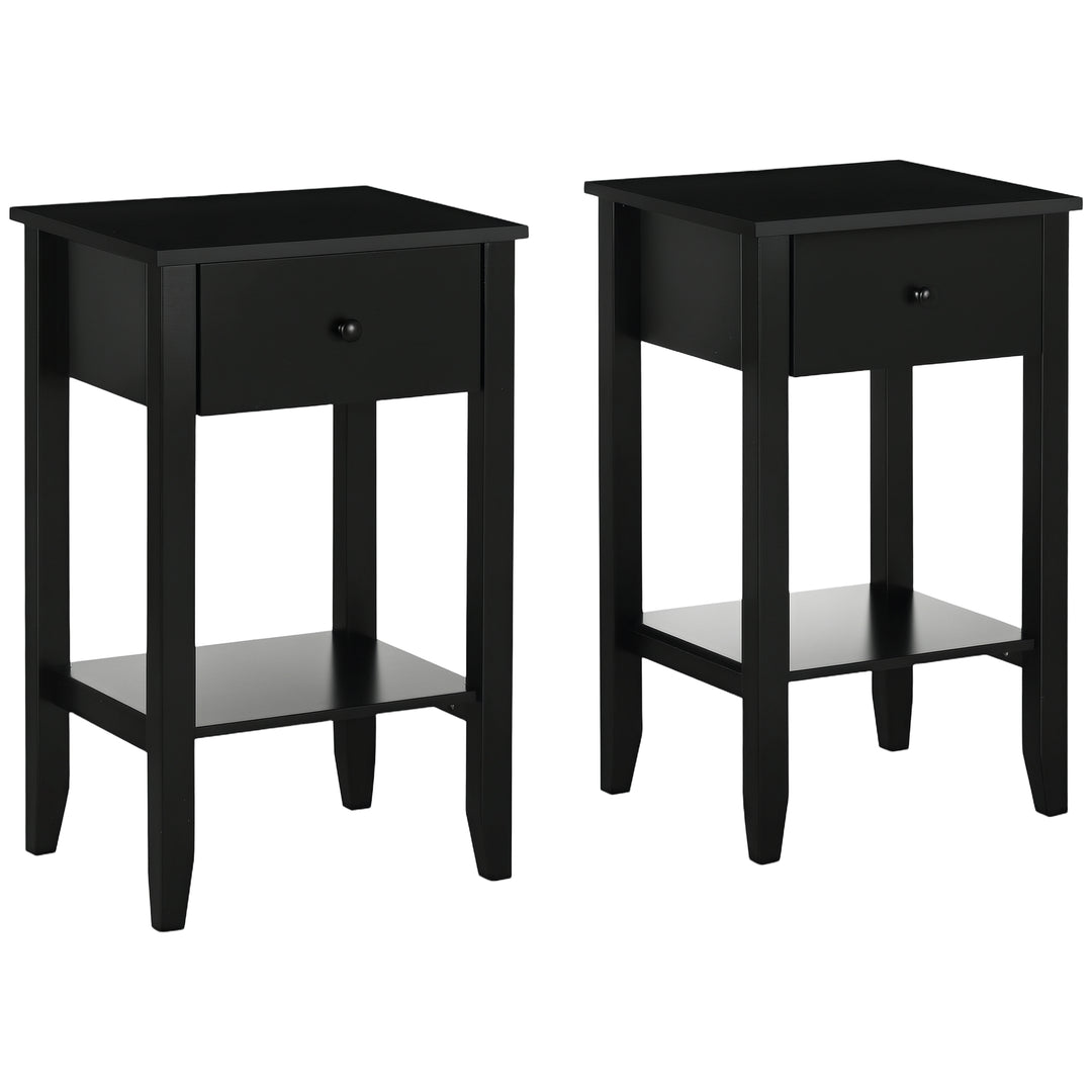HOMCOM Side Table Set of 2, End Tables with Drawer and Bottom Shelf, 2-tier Nightstand for Bedroom, Living Room, White