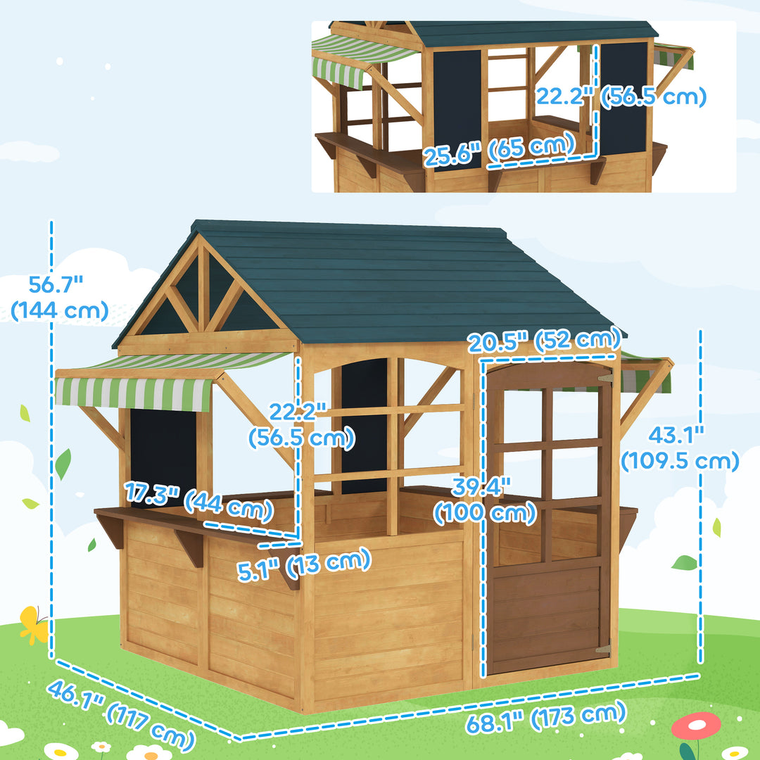 Qaba Wooden Foldable Outdoor Playhouse for Kids Ages 3-8, Snack Bars, Working Door, Rain Covers, Blackboards, Brown