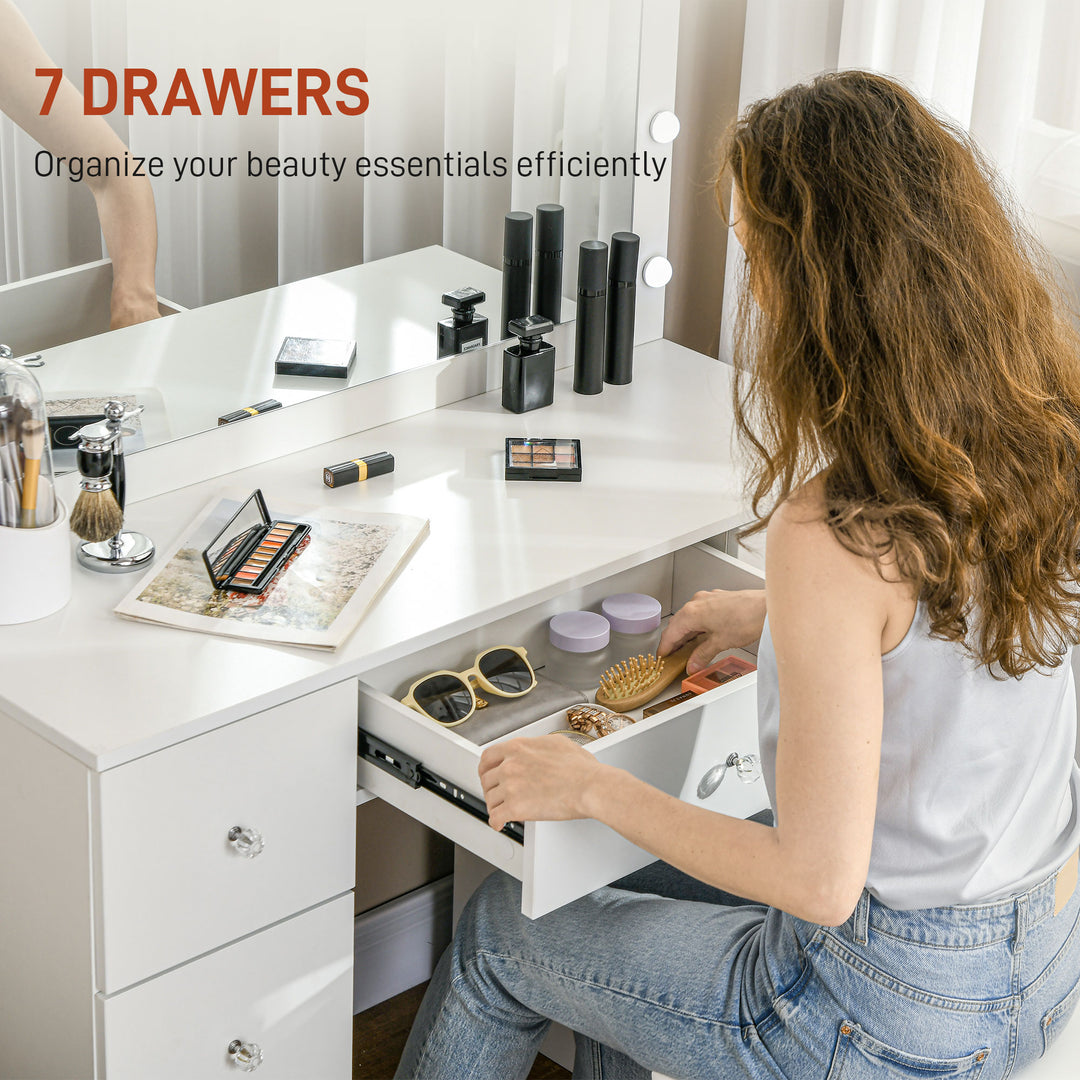 HOMCOM Makeup Vanity Table, Dressing Table with Mirror and Lights, Modern Makeup Table with 7 Drawers and 10 LED Lights, White