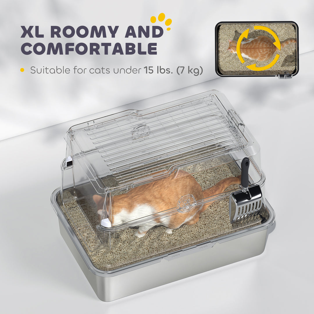 PawHut XL Stainless Steel Cat Litter Box for Big Cats with Flip Top, Scoop, Easy Clean & No Odors, Non-Sticky