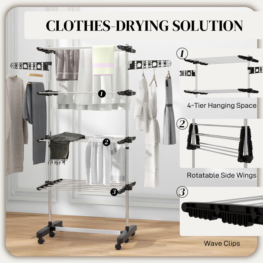 HOMCOM Garment Drying Rack Stainless Steel Folding Clothes Hanging Rack with Side Wings Castors for Indoor Outdoor Grey
