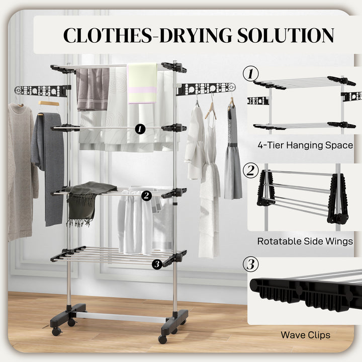HOMCOM Garment Drying Rack Stainless Steel Folding Clothes Hanging Rack with Side Wings Castors for Indoor Outdoor Grey