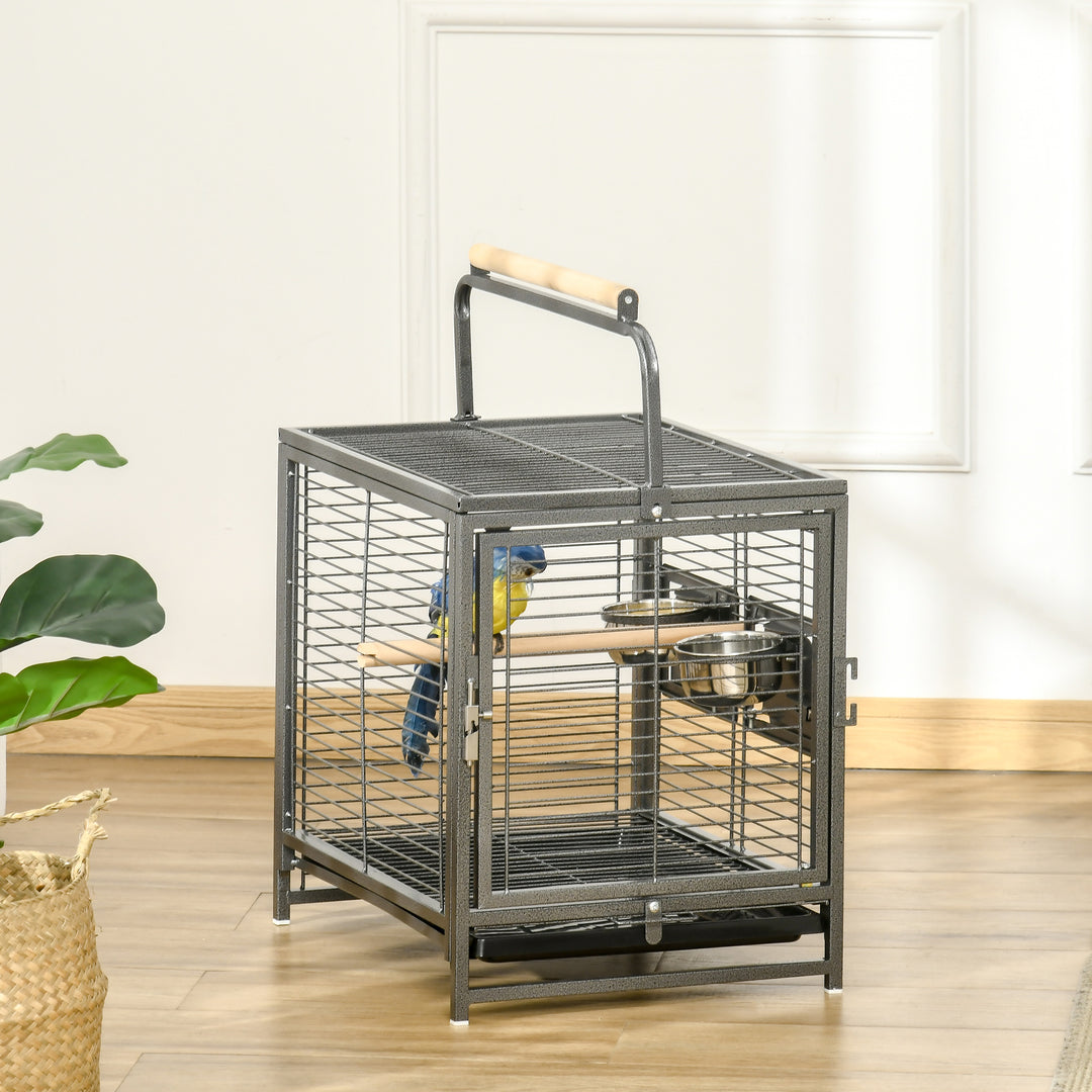 PawHut Bird Travel Carrier Cage for Parrots Conures African Grey Cockatiel Parakeets with Stand Perch, Stainless Steel Bowls, Pull Out Tray, Black