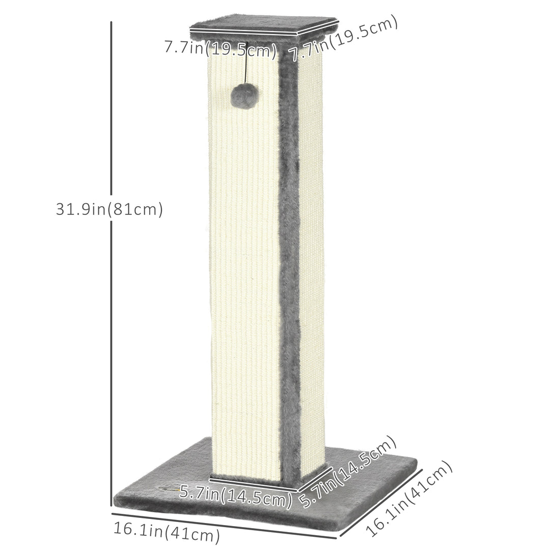 PawHut 32" Tall Cat Scratching Post for Indoor Cats and Kittens, Sisal Cat Scratcher with Hanging Ball Soft Plush, Grey