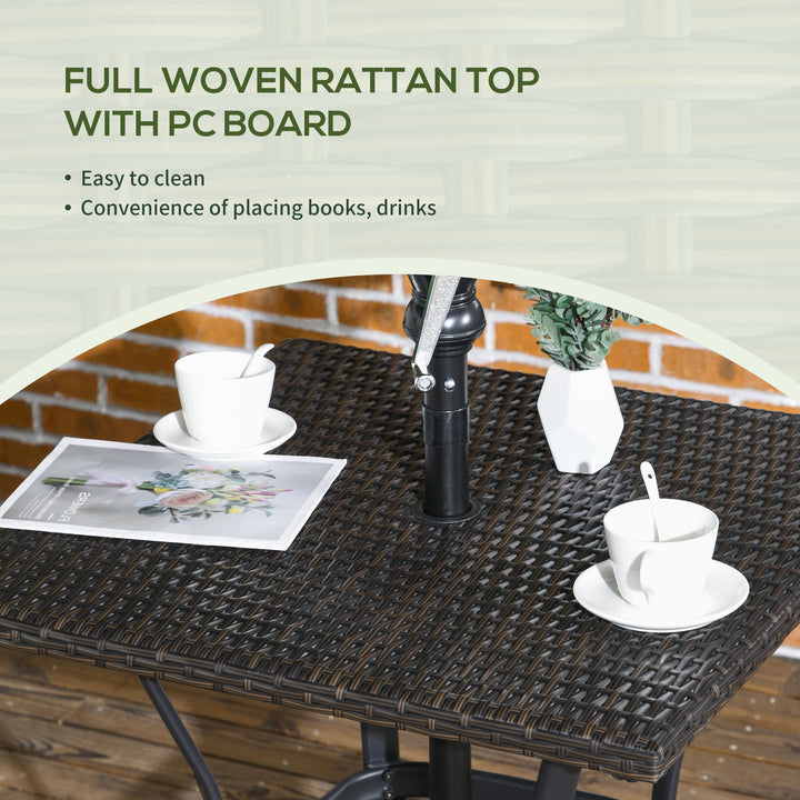 Outsunny Patio Wicker Dining Table with Umbrella Hole, 34 Inch Outdoor PE Rattan Coffee Table with Plastic Board Under the Woven Table Top for Patio, Garden, Balcony, Black