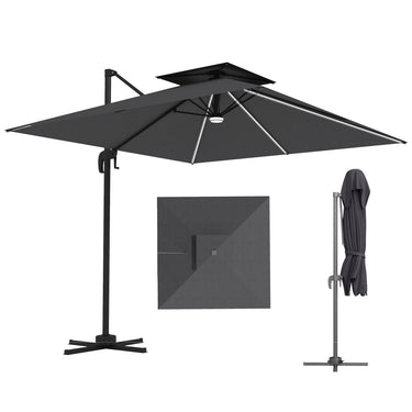 Outsunny 8' Cantilever Patio Umbrella with LED Lights, 360°Rotation, Tilt & Height Adjustment, Crank, Cross Base, Dark Grey