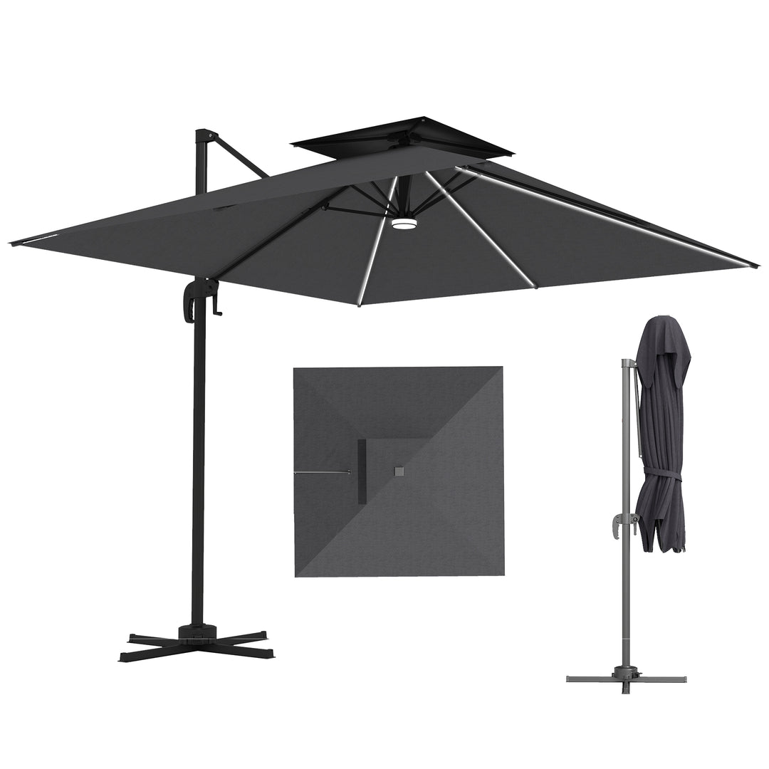 Outsunny 8' Cantilever Patio Umbrella with LED Lights, 360°Rotation, Tilt & Height Adjustment, Crank, Cross Base, Dark Grey