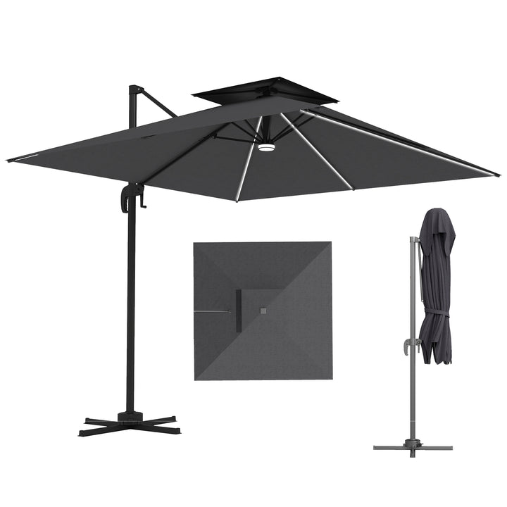 Outsunny 8' Cantilever Patio Umbrella with LED Lights, 360°Rotation, Tilt & Height Adjustment, Crank, Cross Base, Dark Grey