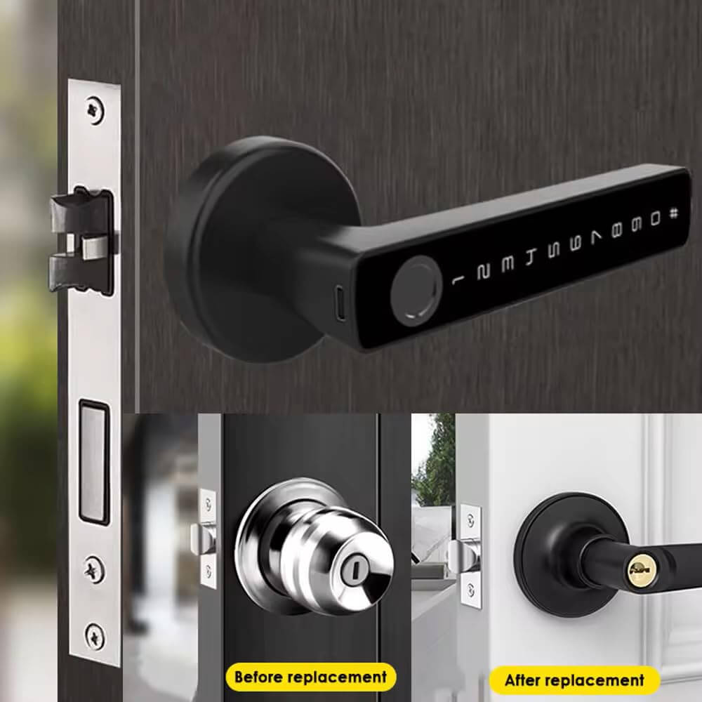 Smart Door Lock with Fingerprint Keypad Handle Biometric, App, Password, Key, and Card Keyless Entry System Suitable for Bedrooms, Offices, Hotels, Apartments - Black Edition installed on a door.