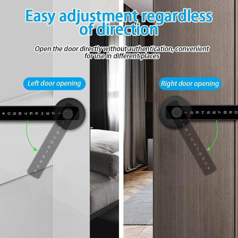 Smart Door Lock with Fingerprint Keypad Handle Biometric, App, Password, Key, and Card Keyless Entry System Suitable for Bedrooms, Offices, Hotels, Apartments - Black Edition showing left and right door opening.
