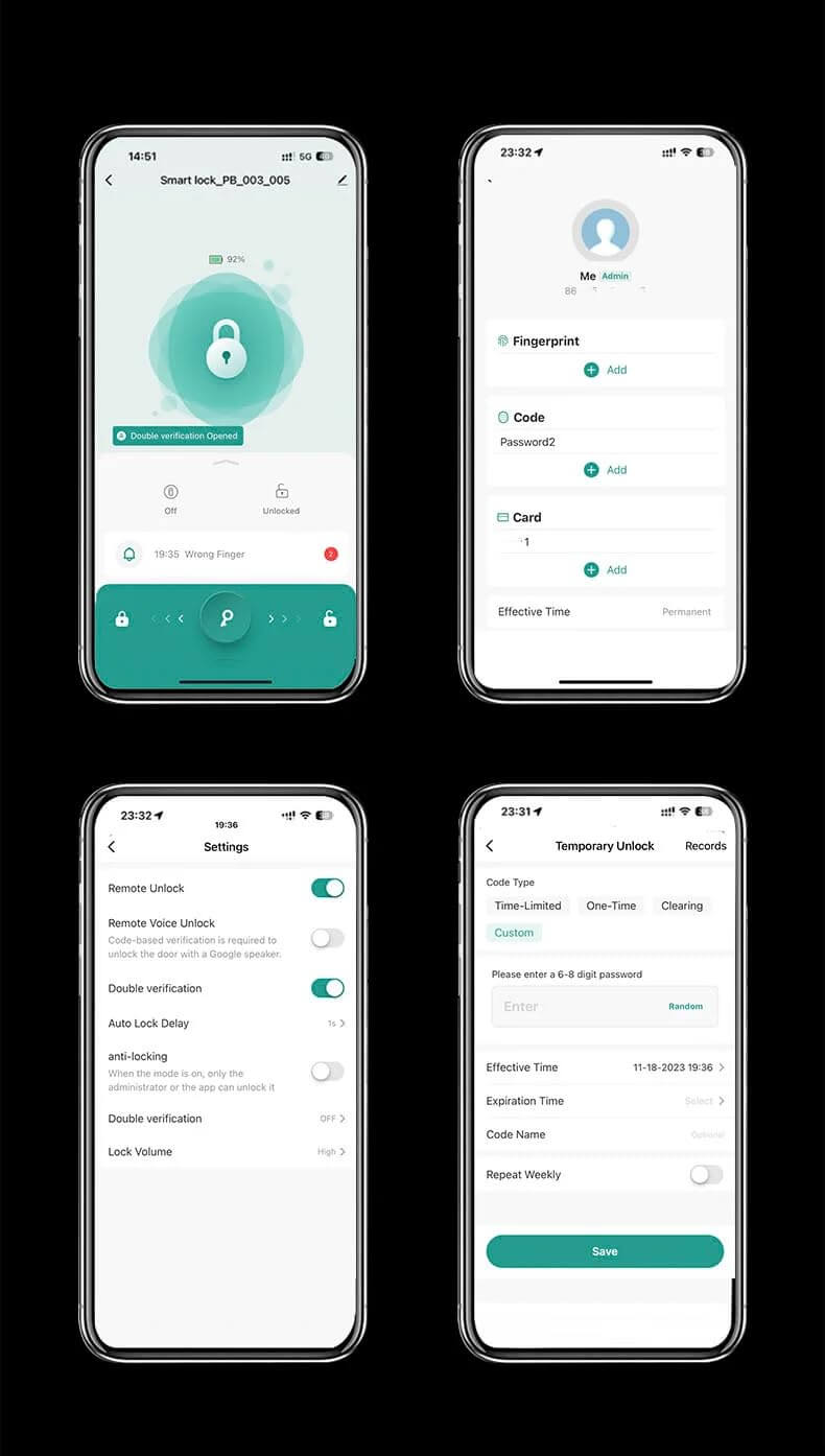 Smart Door Lock with Fingerprint Keypad Handle Biometric, App, Password, Key, and Card Keyless Entry System Suitable for Bedrooms, Offices, Hotels, Apartments - Black Edition Interface