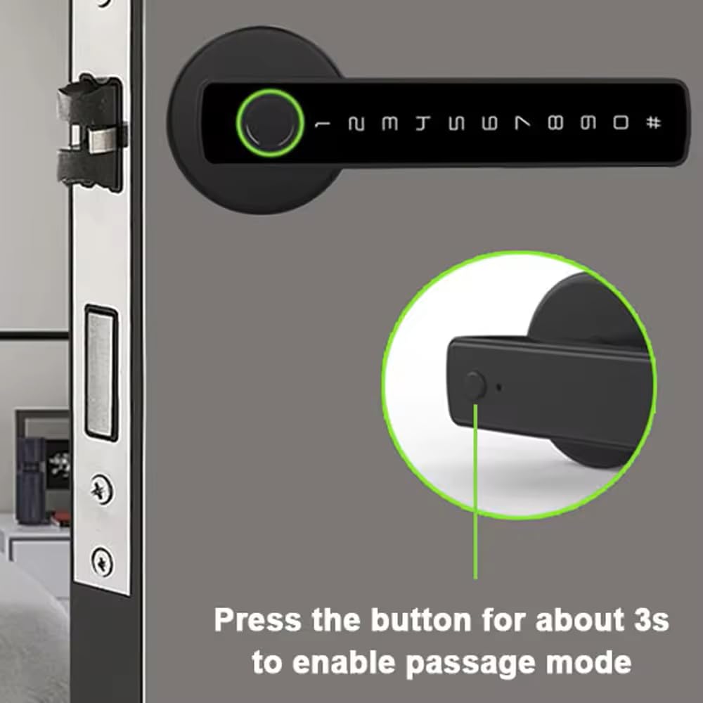 Smart Door Lock with Fingerprint Keypad Handle Biometric, App, Password, Key, and Card Keyless Entry System Suitable for Bedrooms, Offices, Hotels, Apartments - Black Edition showing passage mode button.
