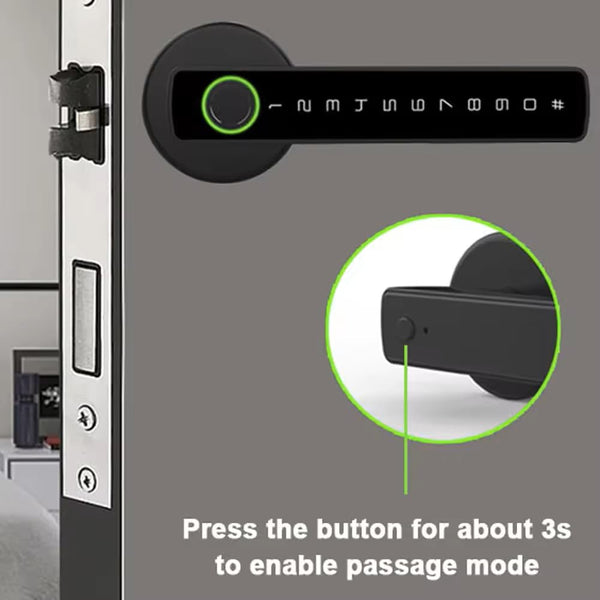 Smart Door Lock with Fingerprint Keypad Handle Biometric, App, Password, Key, and Card Keyless Entry System Suitable for Bedrooms, Offices, Hotels, Apartments - Black Edition showing passage mode button.