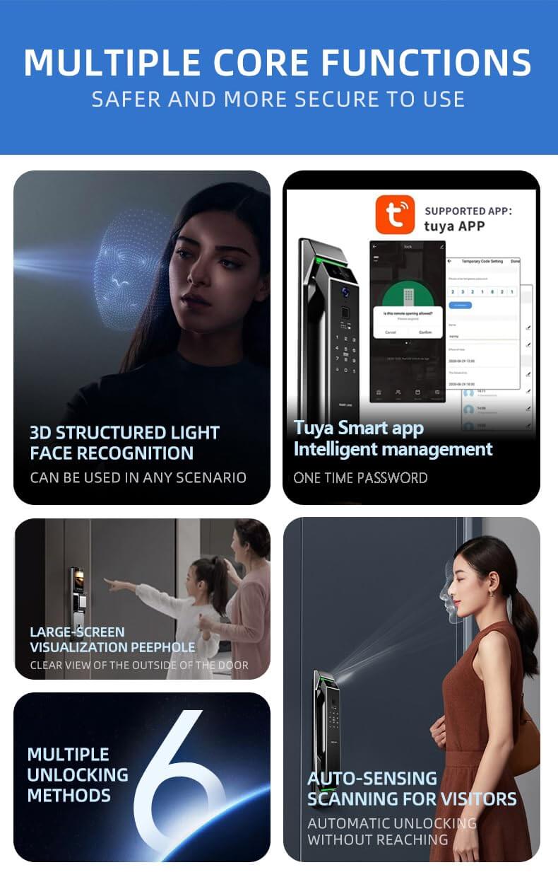 Smart Lock with Camera 3D Face Recognition Keyless Entry Door Lock Handle Aluminum Alloy Biometric Door Lock App 6 Unlocking Methods for 40-120mm Thickness Office Home Bedroom Door