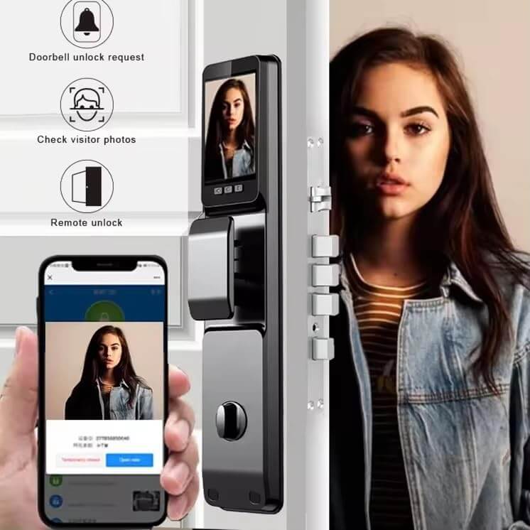 Smart Lock with Camera 3D Face Recognition Keyless Entry Door Lock Handle Aluminum Alloy Biometric Door Lock App 6 Unlocking Methods for 40-120mm Thickness Office Home Bedroom Door